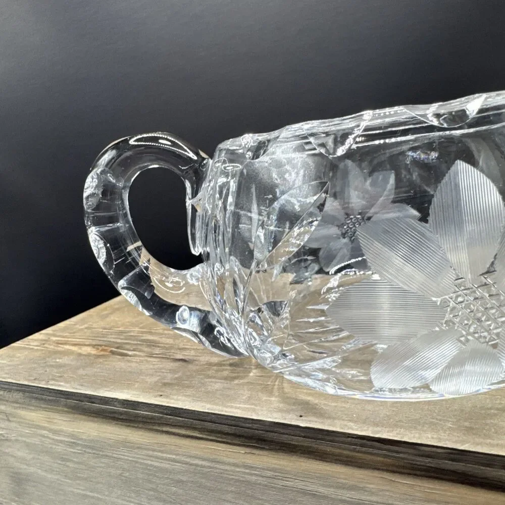 Etched Glass Clear Cut Flower Design Sugar Bowl with Two Handles Solid Heavy